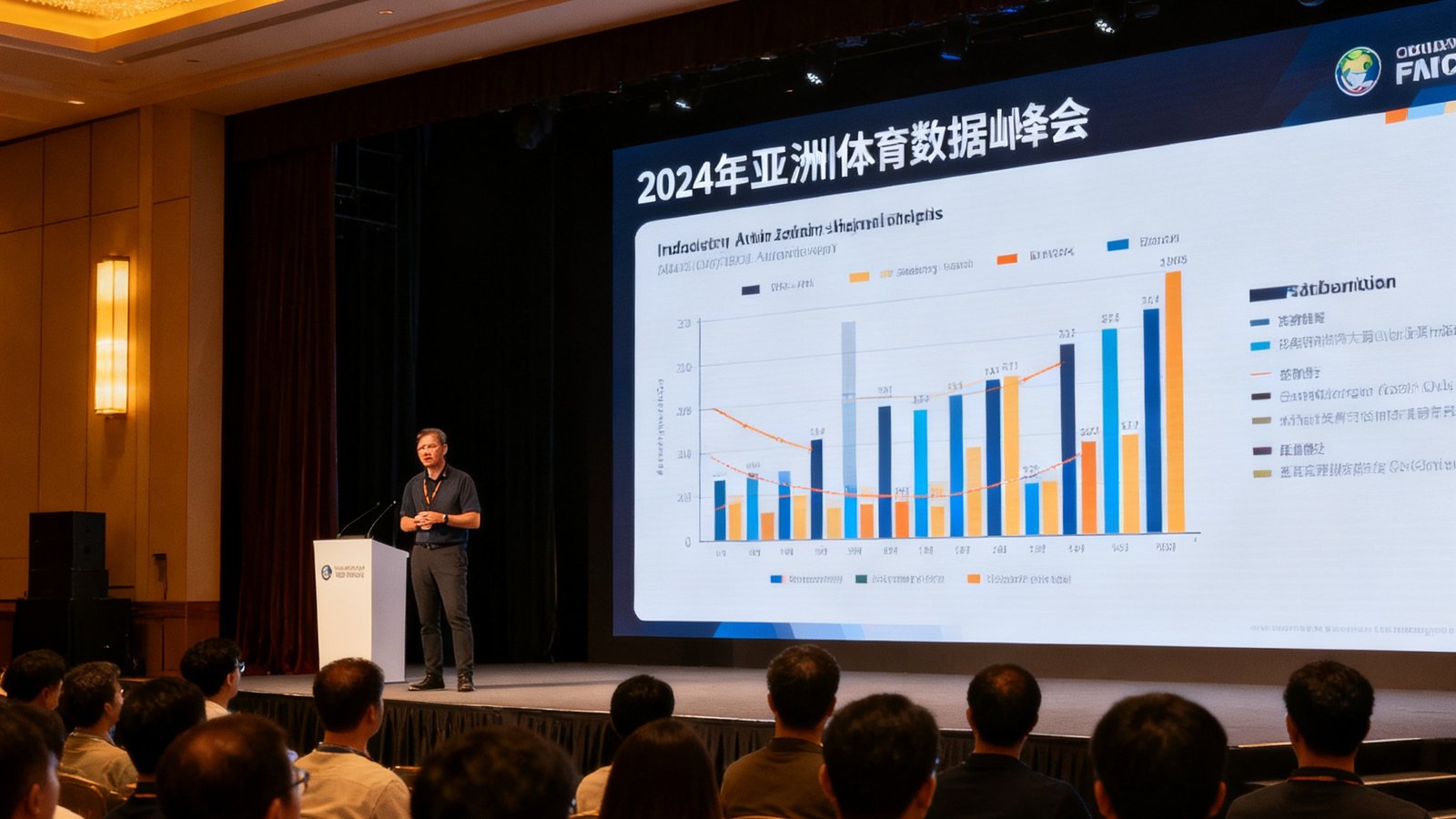 2024年亚洲体育数据峰会现场，行业专家在舞台上发表主题演讲，大屏幕显示数据分析图表，台下数百名观众认真聆听
